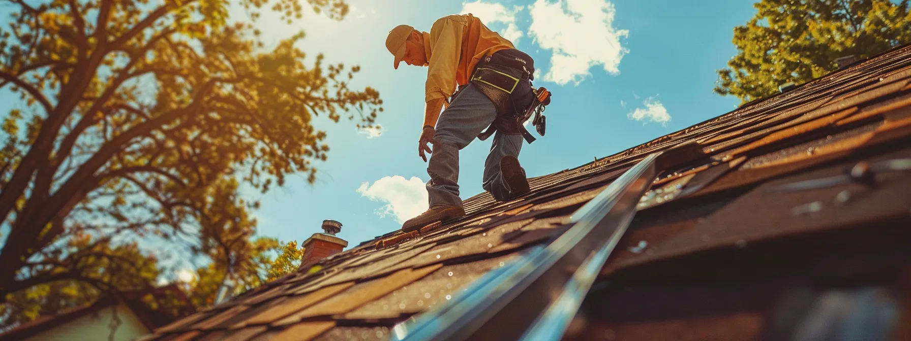 a technician inspects a roof, assessing shingles and visible damage to determine the need for replacement.