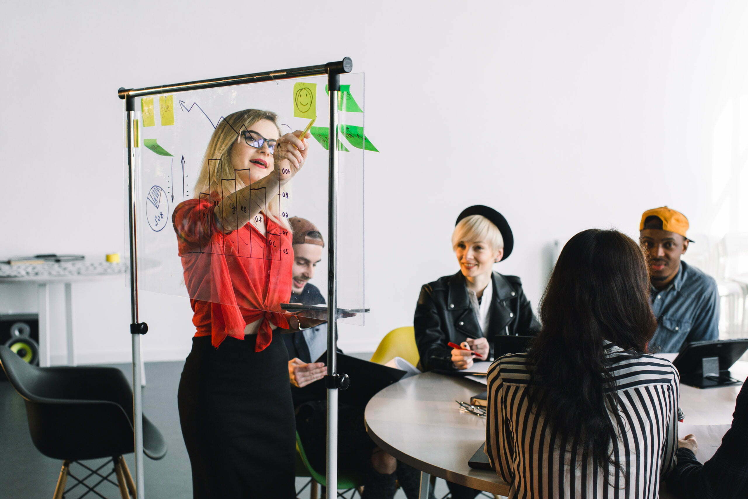 young female team leader of talented freelances organizing work of members motivates and